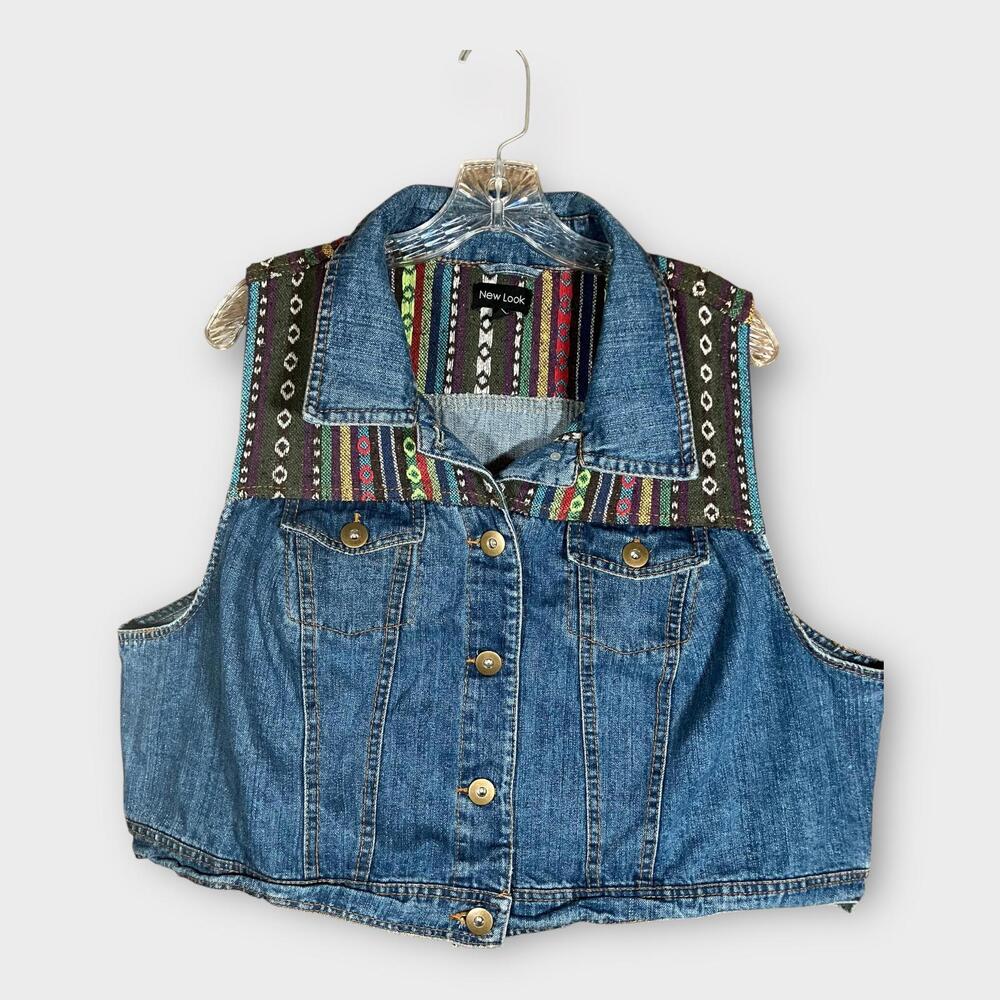 New Look Denim Vest with Multicolor Aztec Trim